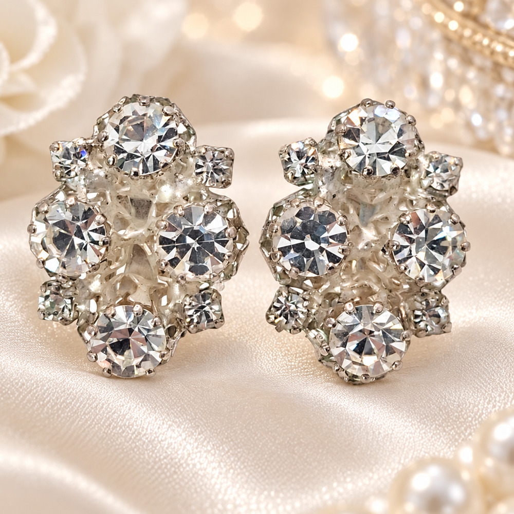 Vintage Austria Rhinestone Cluster Clip On Earrings Bridal Old Hollywood Glam